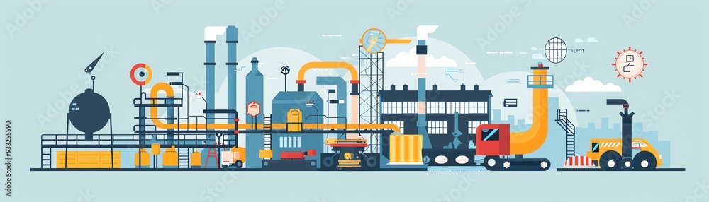 Fototapeta premium Illustration of an industrial factory with machinery, chimneys, and vehicles for production and manufacturing processes.