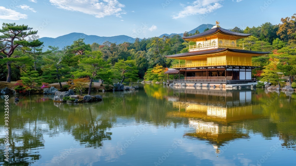A stunning view of a temple in Kyoto, Japan, with sparkling gold leaf and a tranquil pond. A stunning view of a temple in Kyoto, Japan, with sparkling gold leaf and a tranquil pond.