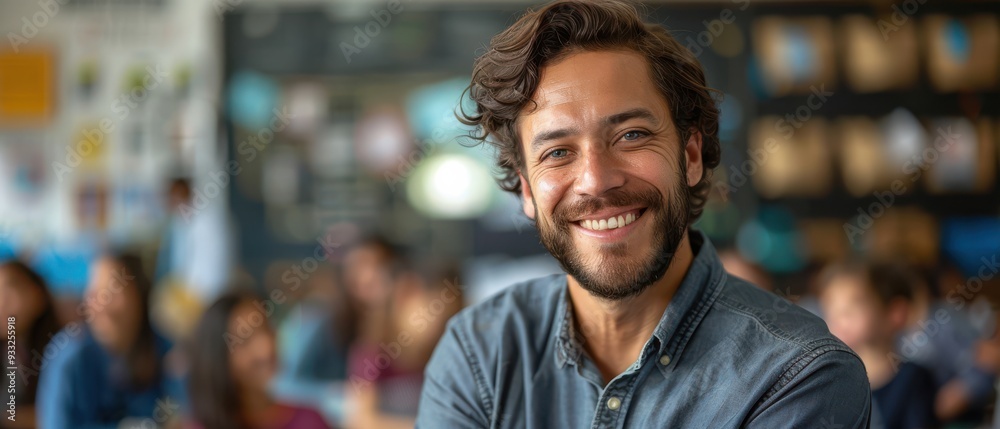Portrait of a cheerful male teacher in a classroom setting, exuding warmth and positivity. Portrait of a cheerful male teacher in a classroom setting, exuding warmth and positivity.
