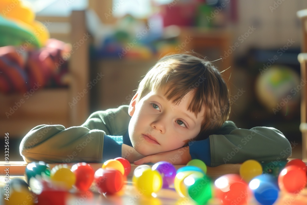 Portrait of a child with autism playing with colorful building blocks, deeply focused and happy