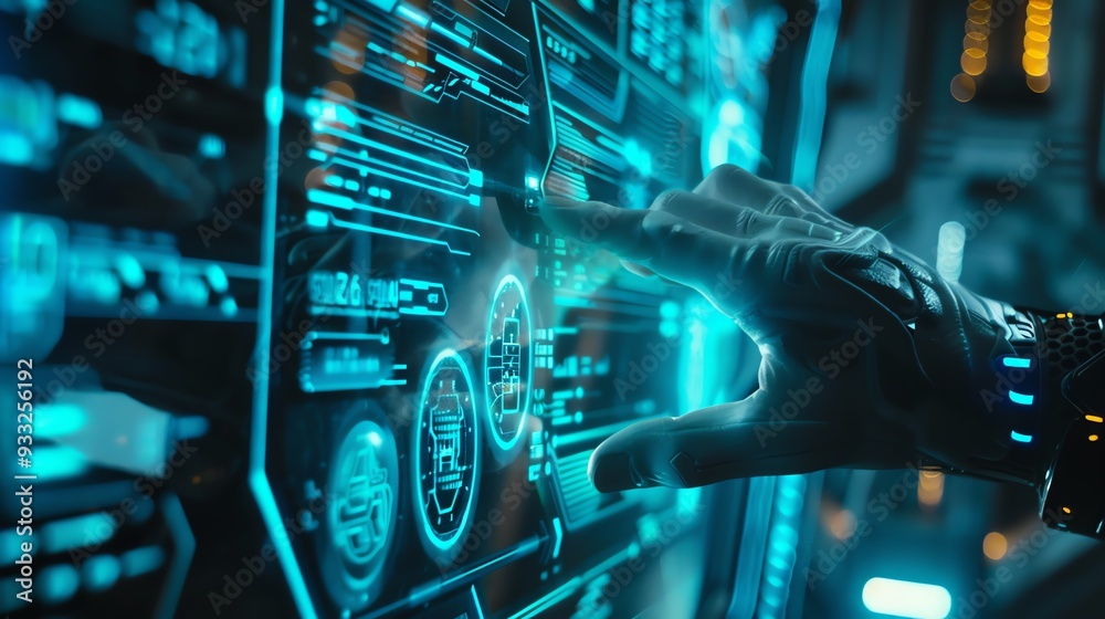Futuristic interface with cybernetic hand interacting with holographic digital screen, depicting advanced technology and innovation. Futuristic interface with cybernetic hand interacting with holographic digital screen, depicting advanced technology and innovation.