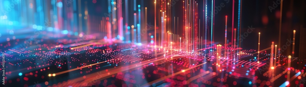 Futuristic digital landscape with vibrant neon lights and abstract technology grid. Concept of data flow, communication, and innovation. Futuristic digital landscape with vibrant neon lights and abstract technology grid. Concept of data flow, communication, and innovation.
