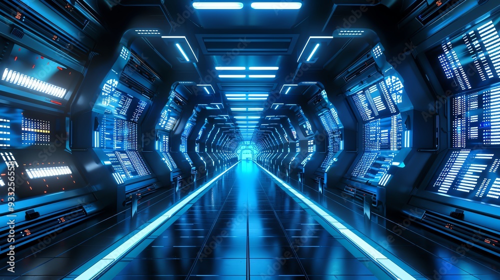 Futuristic corridor with neon blue lights and high-tech control panels, giving a sci-fi ambience of a spacecraft or advanced facility. Futuristic corridor with neon blue lights and high-tech control panels, giving a sci-fi ambience of a spacecraft or advanced facility.
