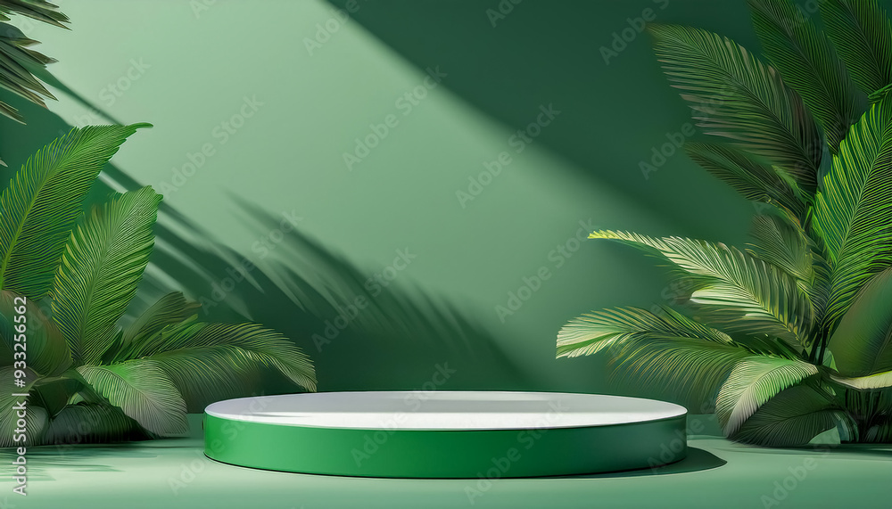 Podium green for product showcase for environment tropical summer and platform lighting shadow presentation background.Generative AI Podium green for product showcase for environment tropical summer and platform lighting shadow presentation background.Generative AI