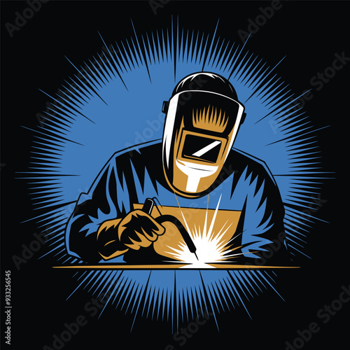 Welder at Work with Protective Mask and Welding Torch Illustration