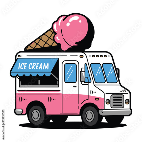 Retro Ice Cream Truck with Pink Scoop and Cone Illustration