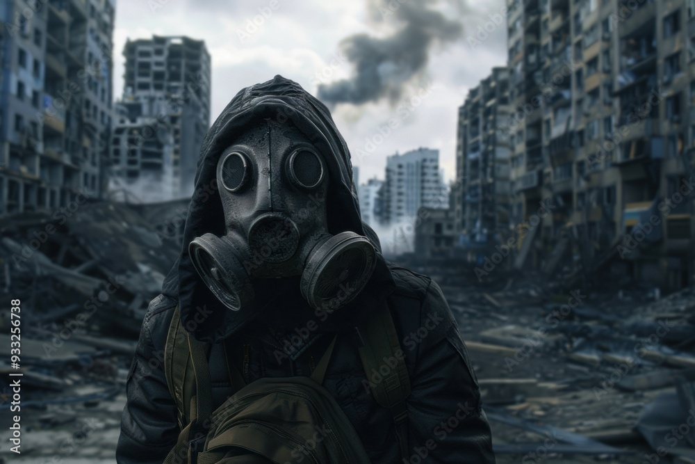A man wearing a gas mask stands in a war-torn city amid crumbling buildings and smoke. Concept: post-apocalypse.