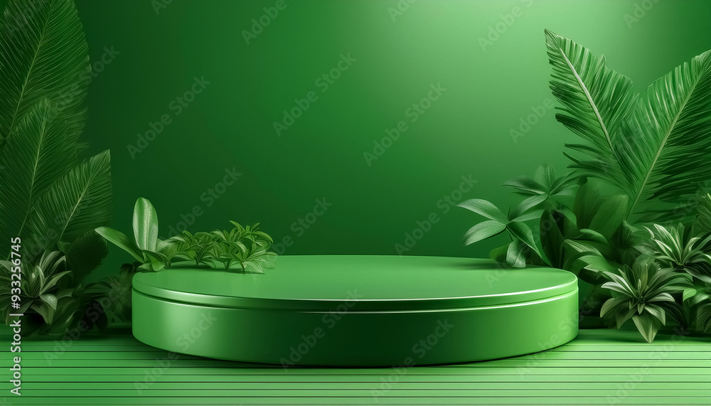 Podium green for product showcase for environment tropical summer and platform lighting shadow presentation background.Generative AI Podium green for product showcase for environment tropical summer and platform lighting shadow presentation background.Generative AI