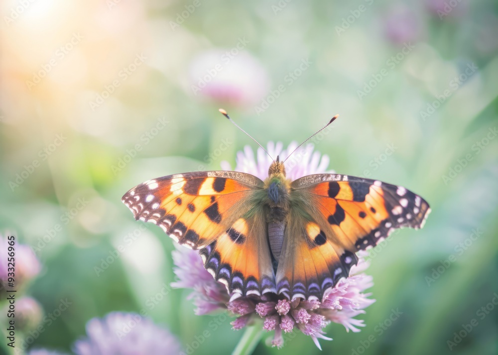 Delicate orange and black butterfly perches on a vibrant purple flower, its wings spread wide, against a soft blurred green background with subtle sunlight filtering. Delicate orange and black butterfly perches on a vibrant purple flower, its wings spread wide, against a soft blurred green background with subtle sunlight filtering.