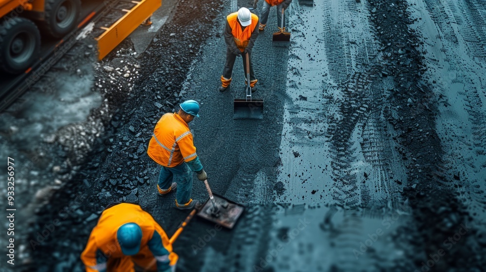 Construction workers in orange jackets and blue helmets work with shovels on a road project, assisted by a yellow crane in a busy, collaborative environment. Construction workers in orange jackets and blue helmets work with shovels on a road project, assisted by a yellow crane in a busy, collaborative environment.