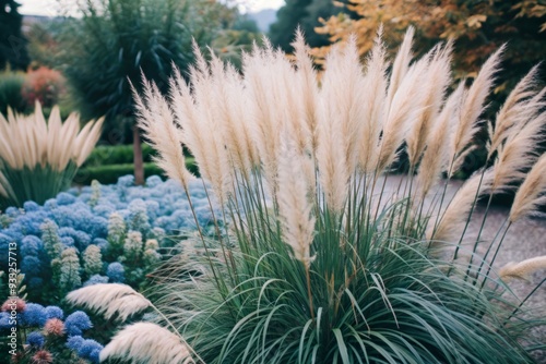 Tall, slender blades of feather reed and blue fescue grasses sway gently, displaying dynamic textures and varying heights in a stunning, elegant garden bed arrangement. photo