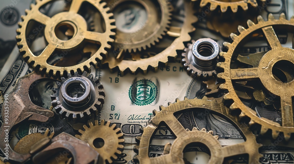 Close-up of interlocking brass gears overlaying a US dollar bill, symbolizing the connection between economy and industry. Close-up of interlocking brass gears overlaying a US dollar bill, symbolizing the connection between economy and industry.