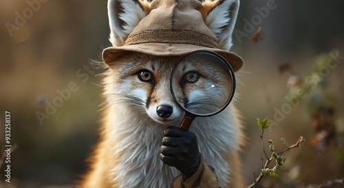 Cute animal wallpaper collection, Detective fox on the case, Clever fox wearing a hat and holding a magnifying glass, ready to solve mysteries