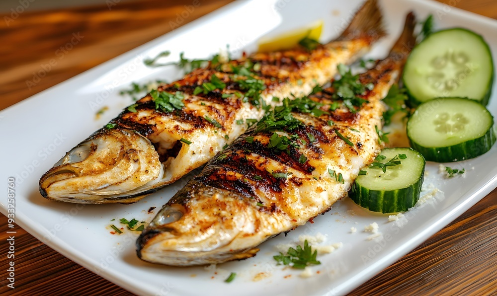 fish grilled as and cucumber slice , Generative AI fish grilled as and cucumber slice , Generative AI