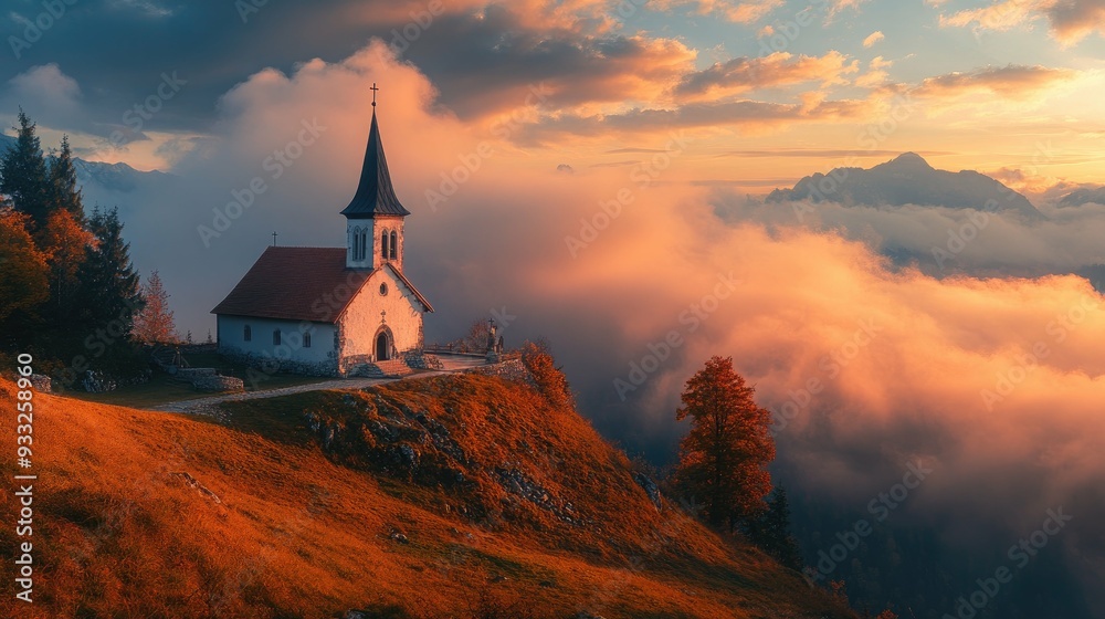 Fototapeta premium A small church perched on a mountaintop at sunrise, with a blanket of clouds surrounding it.