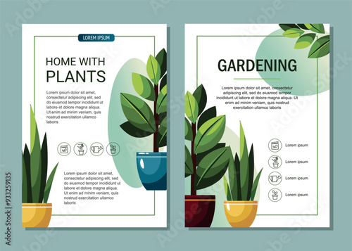 Home plants in flowerpots. Greeting cards. Gardening.