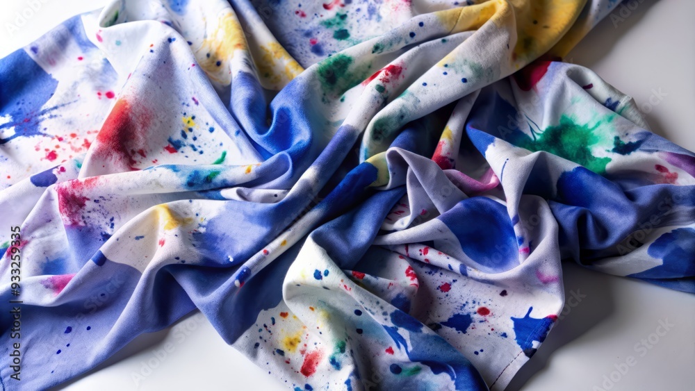 Vibrant abstract watercolor splatters on a soft white background, featuring a delicate piece of crumpled fabric with ample copy space for text or design elements. Vibrant abstract watercolor splatters on a soft white background, featuring a delicate piece of crumpled fabric with ample copy space for text or design elements.