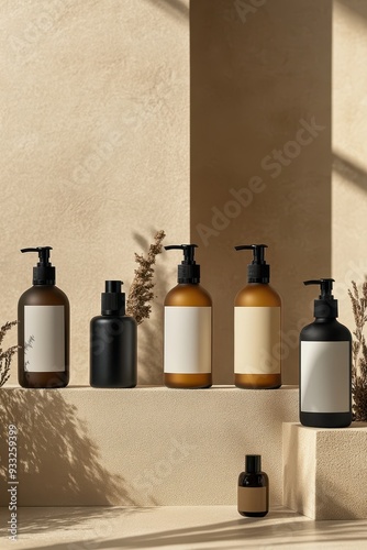 Elegant Minimalist Skincare Bottles on Beige Background with Natural Shadows and Dried Flowers