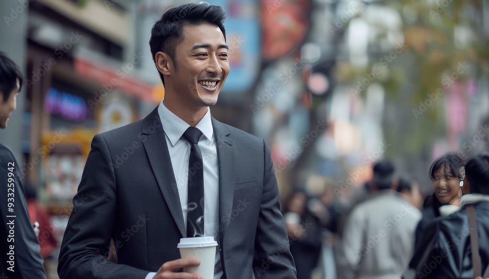 Handsome Asian male in suit, smiling, coffee cup in hand, walking on street, people in background. Handsome Asian male in suit, smiling, coffee cup in hand, walking on street, people in background.