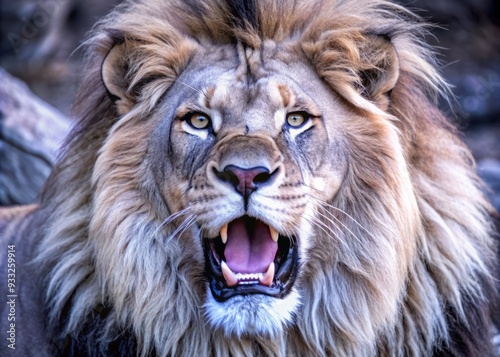 Majestic lion with regal mane and piercing eyes lets out a powerful roar, its muscular body and vibrant fur illuminated against a dark, velvety backdrop. photo