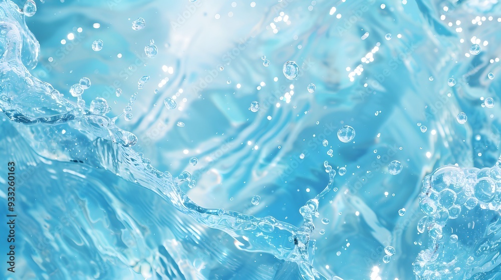 Transparent blue clear water surface texture with ripples, splashes and bubbles. Abstract summer banner background Water waves in sunlight with copy space Cosmetic moisturizer micellar toner emulsion.