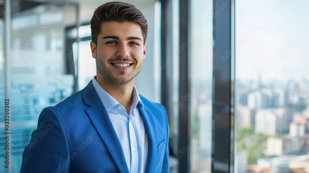 Handsome businessman in a blue suit, smiling, close-up portrait against a modern office background with panoramic cityscape view, copy space on the right. Handsome businessman in a blue suit, smiling, close-up portrait against a modern office background with panoramic cityscape view, copy space on the right.