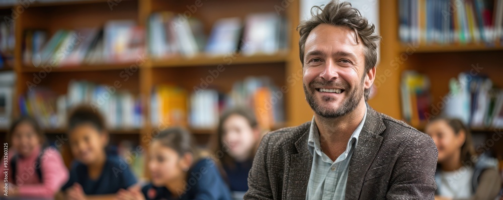Portrait of a cheerful male teacher in a classroom setting, exuding warmth and positivity. Portrait of a cheerful male teacher in a classroom setting, exuding warmth and positivity.