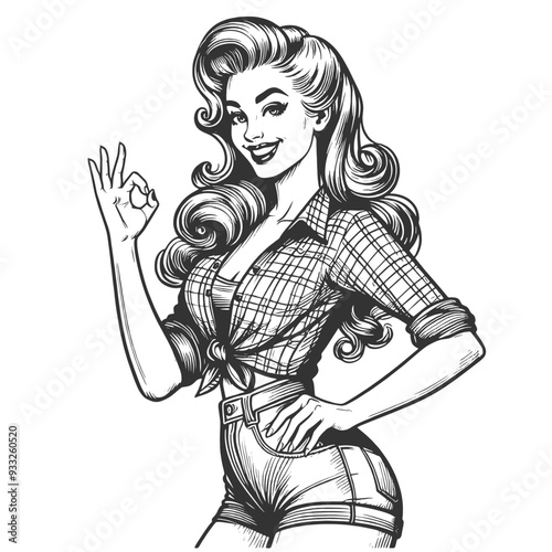 pin-up girl in a plaid shirt and shorts, giving the OK okay sign, retro charm and positivity sketch engraving generative ai vector illustration. Scratch board imitation. Black and white image.