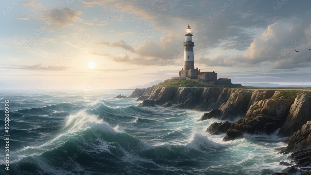 The open sea stretching to the horizon, with waves crashing against a rugged coastline, and a lighthouse standing tall on the cliff, guiding ships safely home. The open sea stretching to the horizon, with waves crashing against a rugged coastline, and a lighthouse standing tall on the cliff, guiding ships safely home.