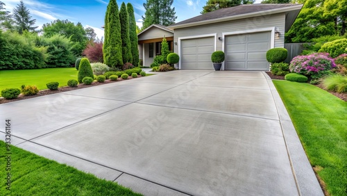 Freshly poured smooth gray concrete driveway with clean edges and subtle texture, contrasting with lush green grass and manicured garden surroundings.