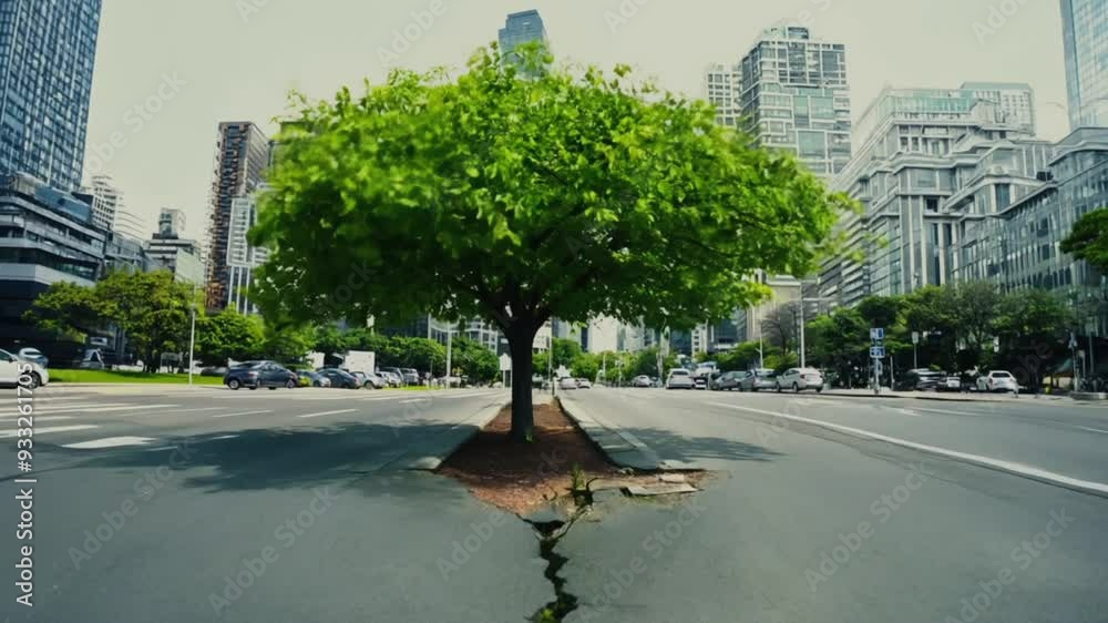 A hyperlapse captures a tree breaking through the concrete, rapidly growing and blooming amidst the hustle of a city street.