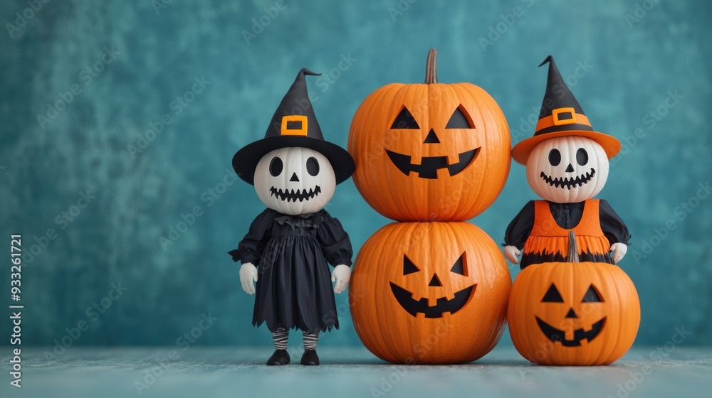 Playful Pumpkin Family in Colorful Halloween Costumes on Spooky Background with Copy Space, Selective Focus - Cartoon