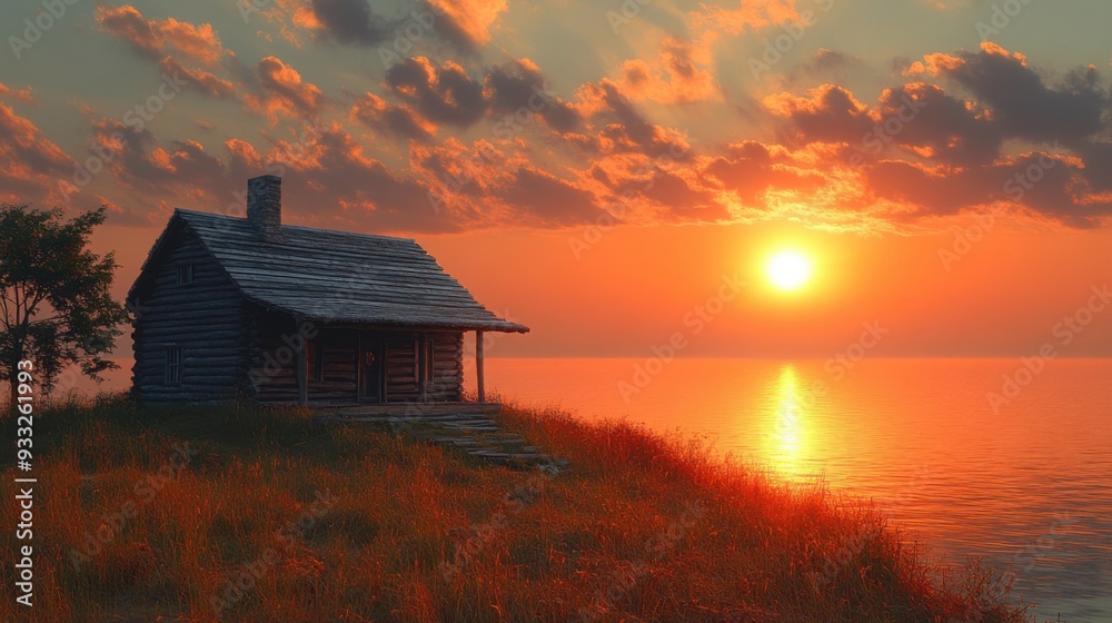 A serene cabin by the lake at sunset, surrounded by nature. A serene cabin by the lake at sunset, surrounded by nature.