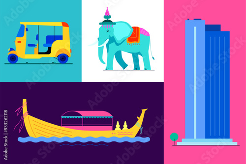 Modern and traditional Thailand - set of flat design style colorful illustrations. Images of tuk-tuk car, longtail boat, sacred animal elephant and Baiyoke Sky Tower - skyscraper of Bangkok