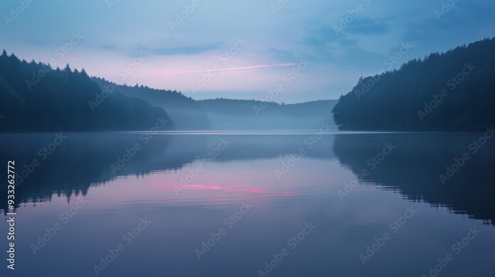 Dawn at lake with pink ribbon reflected on still water
Dawn at lake with pink ribbon reflected on still water