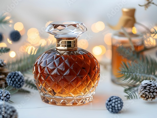 Elegant crystal perfume bottle with amber fragrance surrounded by festive decorations in a cozy setting photo