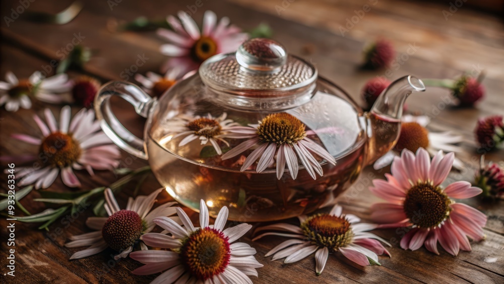 Delicate petals of fresh echinacea flowers surround a clear teapot as steaming hot water brews a soothing, floral infused tea, exuding natural wellness and serenity. Delicate petals of fresh echinacea flowers surround a clear teapot as steaming hot water brews a soothing, floral infused tea, exuding natural wellness and serenity.