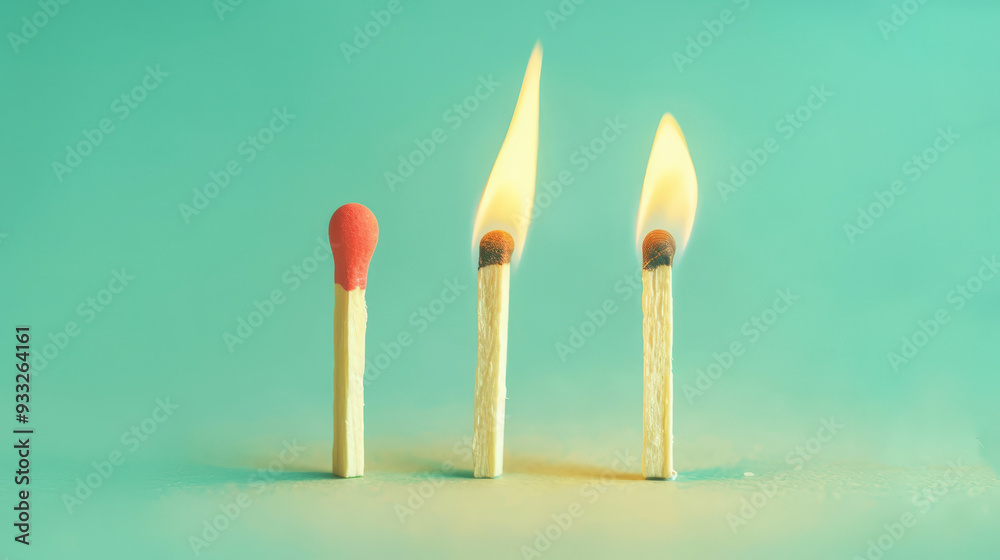 Group of different matches, some burning, pastel blue background, leadership, idea generation, teamwork. Generative AI