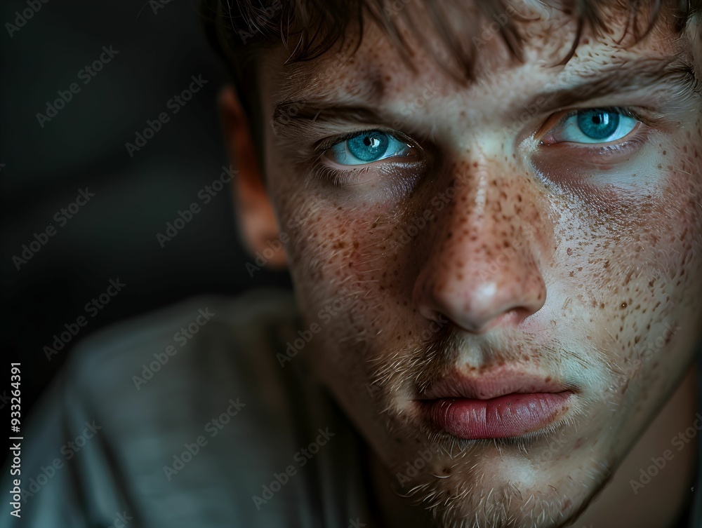 Young man with striking blue eyes and freckles gazes pensively at the camera in a dimly lit room Young man with striking blue eyes and freckles gazes pensively at the camera in a dimly lit room