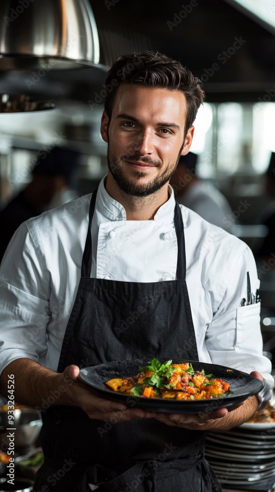 A professional portrait of a chef in a bustling kitchen, holding a freshly prepared dish, with a look of pride on their face A professional portrait of a chef in a bustling kitchen, holding a freshly prepared dish, with a look of pride on their face