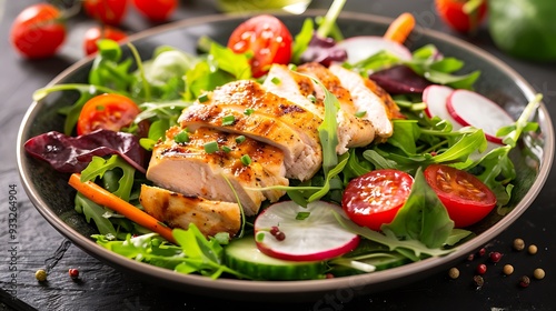 Dish of mixed vegetables salad and chicken fillet