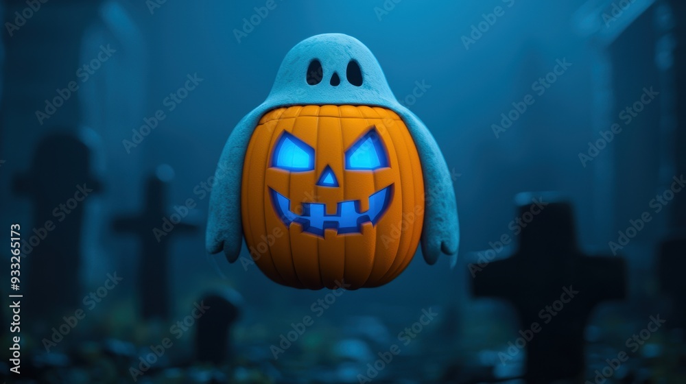 Fototapeta premium Spooky Cartoon Pumpkin Ghost Floating Above Graveyard on Halloween Night with Ethereal Blue Light and Mist