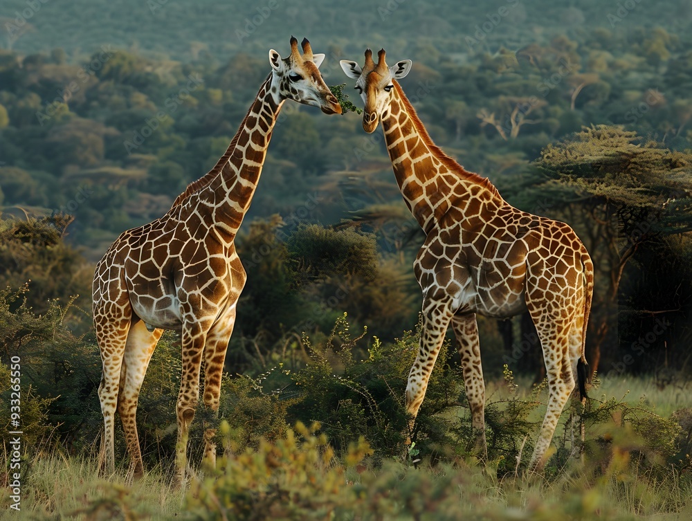Two giraffes interact in a lush savannah landscape during sunset in Africa Two giraffes interact in a lush savannah landscape during sunset in Africa