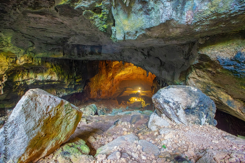 Obraz na płótnie The Caves of Heaven and Hell (Heaven and Hell) and the Church of the Virgin Mary are two large pits in the Taurus Mountains.Narlıkuyu, Mersin, Turkey. w salonie