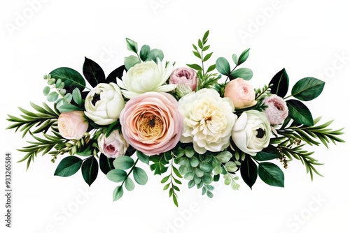 Classic pink rose, white peony, blush pink ranunculus, eucalyptus, sage greenery vector design wedding spring bouquet. Horizontal banner. Floral summer watercolor. Elements are isolated and editable