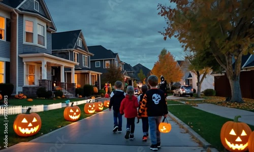 A suburban street decorated for Halloween, with kids in costumes trick-or-treating.