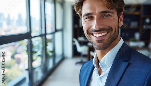 Blue-suited businessman smiling at the camera, with a modern office interior and cityscape view, close-up portrait, copy space on the right.