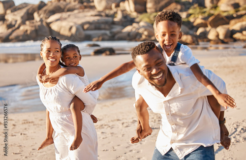 Bilde på lerret Piggyback, happy and black family at beach for fun on tropical vacation, travel or getaway
