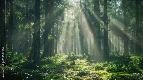 A view of a dense forest with sunlight filtering through the trees, creating an amazing light effect on the forest floor.