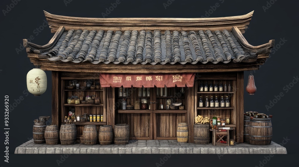 A traditional Asian wooden shop front with shelves, barrels, and a red awning with Chinese characters. A traditional Asian wooden shop front with shelves, barrels, and a red awning with Chinese characters.